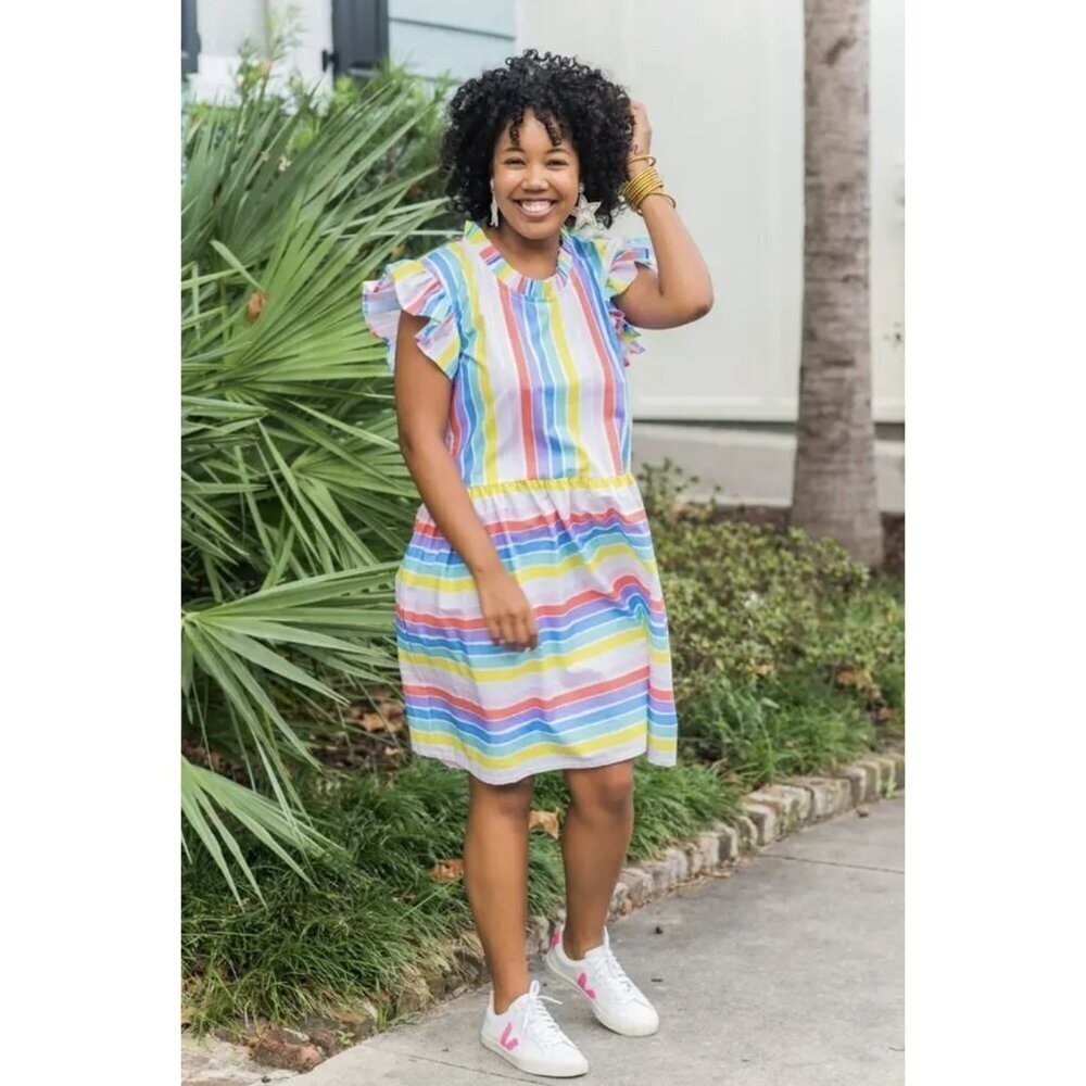 The Tiny Tassel Ruffle Sleeve Drop-Waist Cotton Rainbow Striped Mini Dress, S